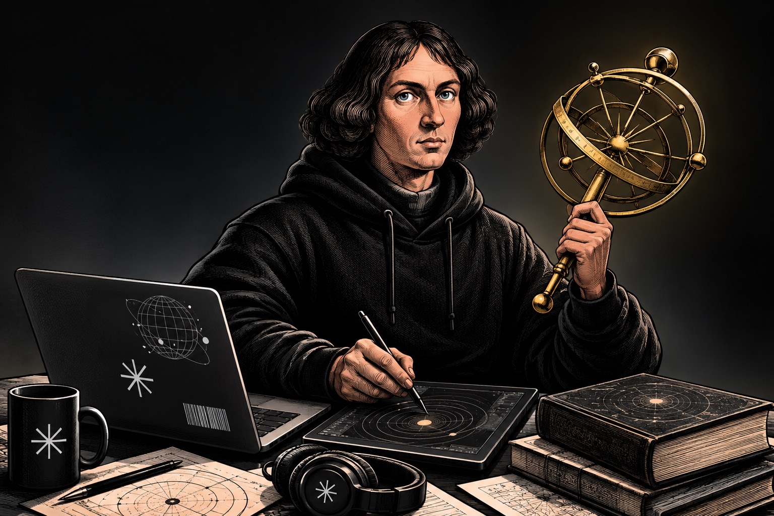 Copernicus in a hoodie at a desk, holding an armillary sphere beside a laptop and star charts