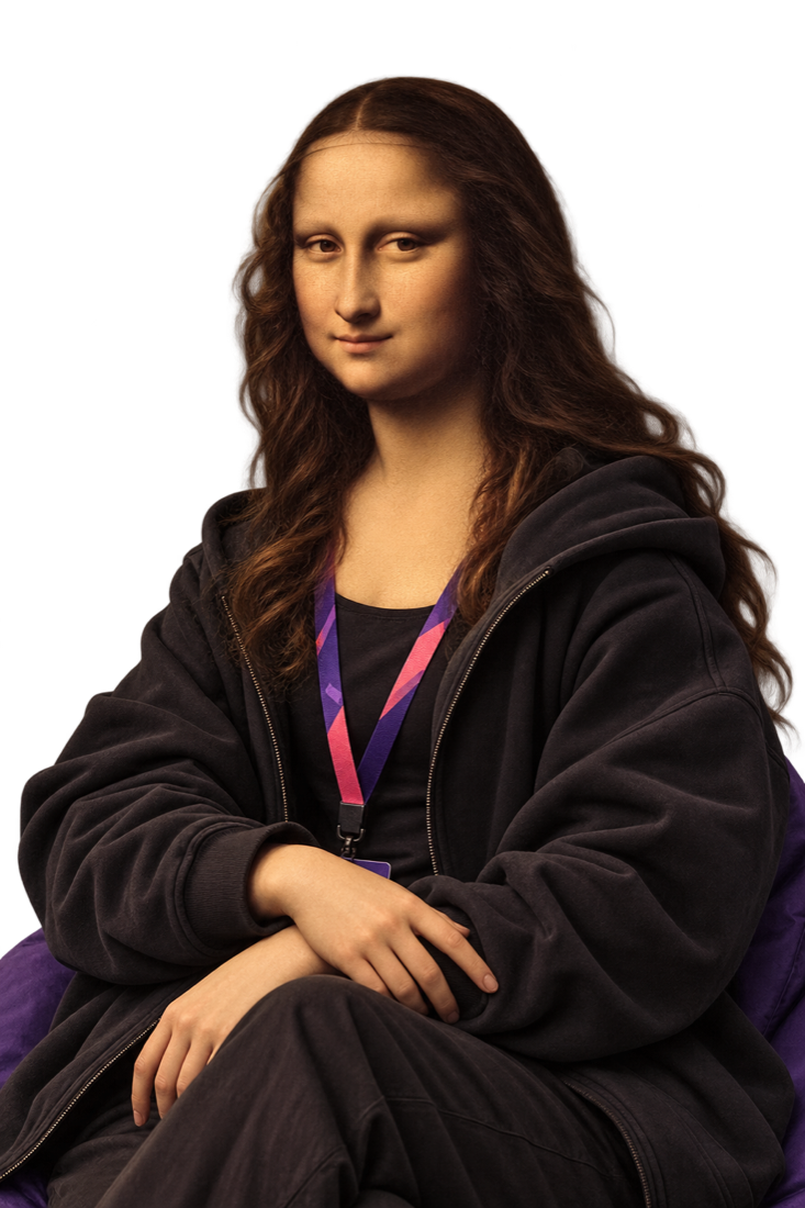 The Mona Lisa in a hoodie and a Junction lanyard, seated with her arms crossed